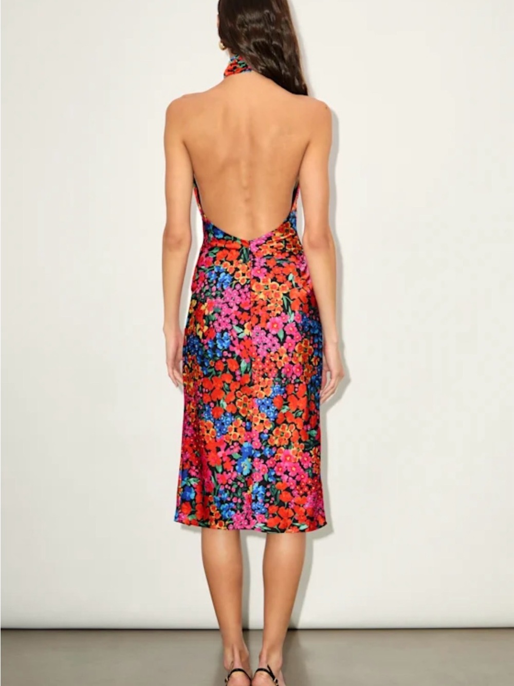Lulus Bold Presence Black and Red Multi Floral Satin Halter Midi Dress Small - Picture 2 of 13